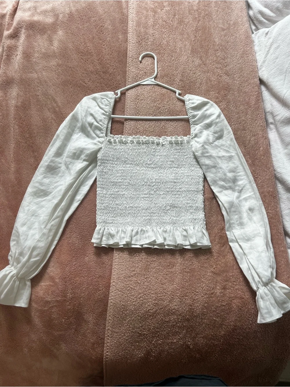 Reformation White Smocked Square-Neck Top with Peplum & Puff Sleeves